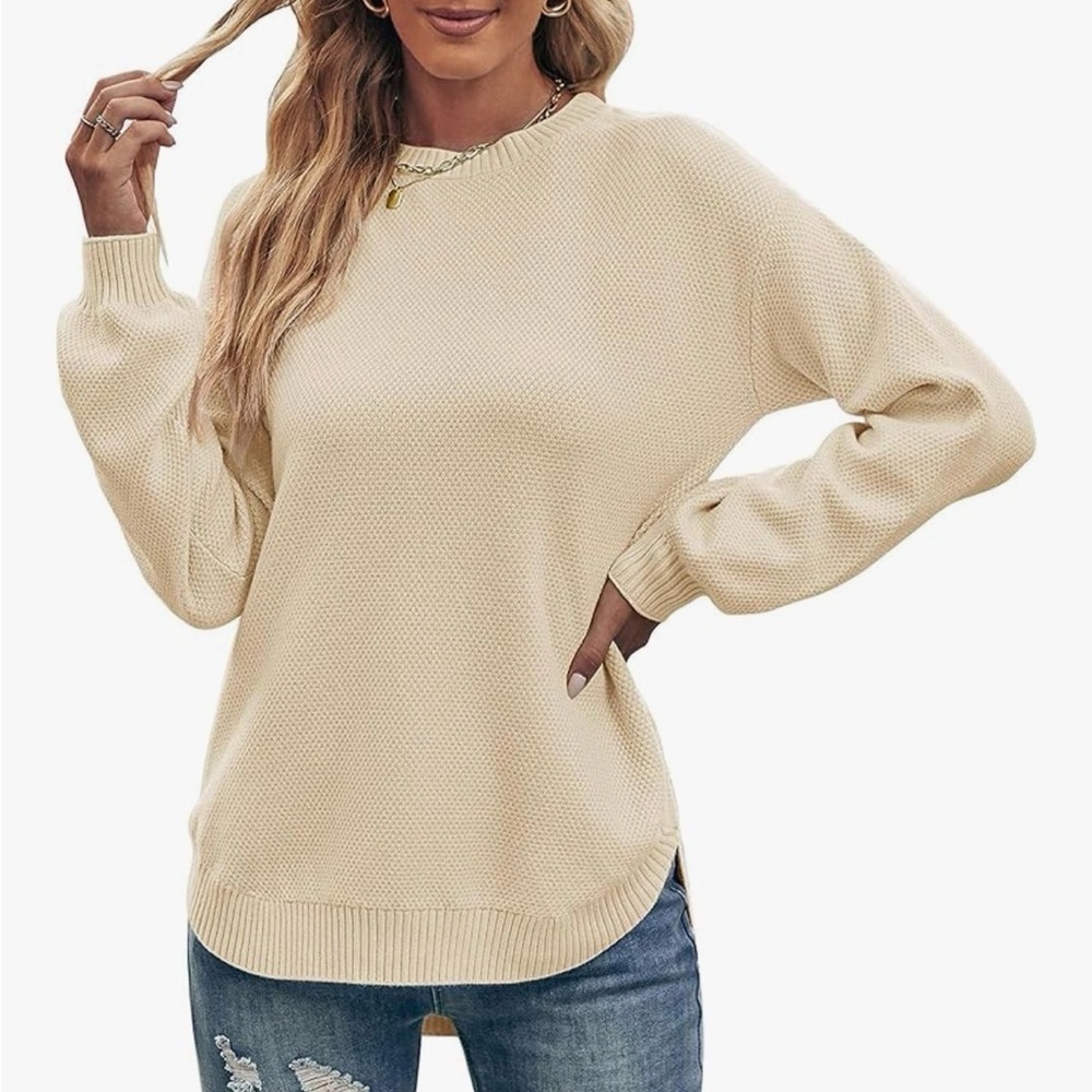 Women's Small Crewneck Cream Cotton Cable Pullover Sweater Long Sleeve